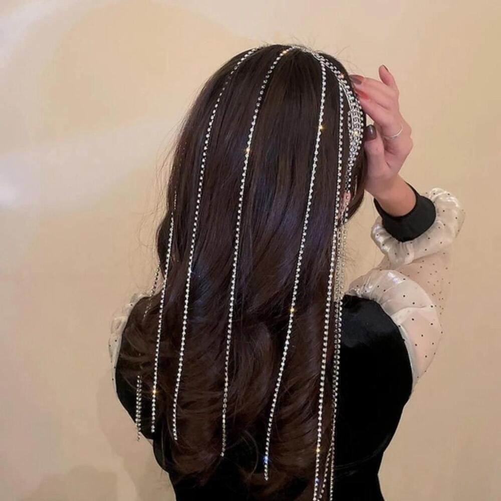 Four Layered Fringe Rhinestone Long Headband In Silver - Picture 5 of 7